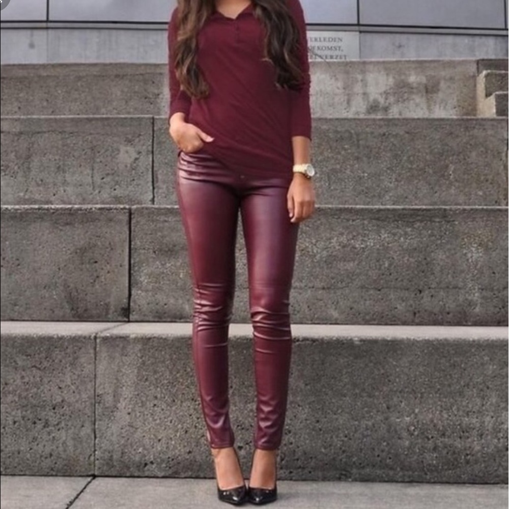 Burgundy vegan leather leggings